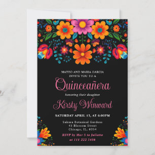Invitation Quinceanera noire florale mexicaine