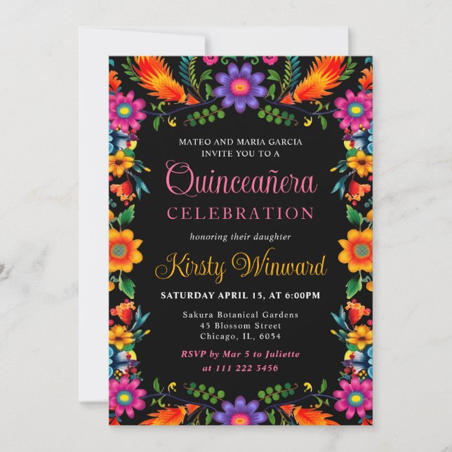 Invitation Quinceanera noire florale mexicaine (Devant)