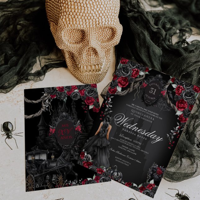 Invitation Quinceanera noire Rose rouge Halloween (Créateur téléchargé)