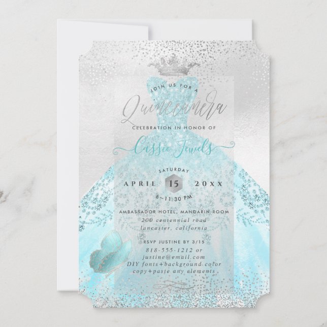 Invitation Quinceanera Ombre Blue Butterflies Princesse Gown (Dos)