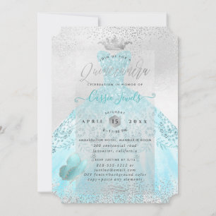 Invitation Quinceanera Ombre Blue Butterflies Princesse Gown