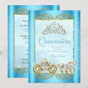 Invitation Quinceanera Or Bleu conte de fées Cendrillon