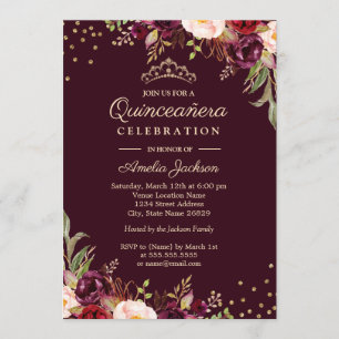 Invitation Quinceanera Or Burgundy floral scintillant