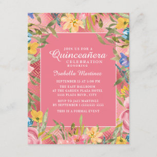 Invitation Quinceañera Or rose gold jaune bleu floral