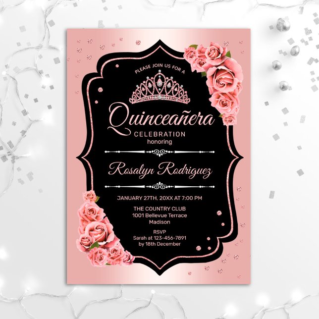 Invitation Quinceanera - Or Rose Noir (Créateur téléchargé)
