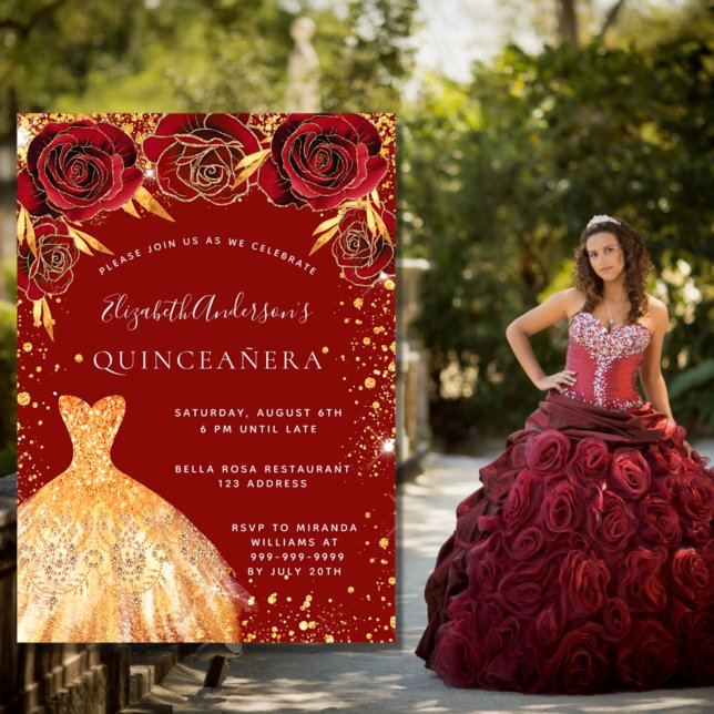 Invitation Quinceanera or rouge parties scintillant robe flor (Créateur téléchargé)