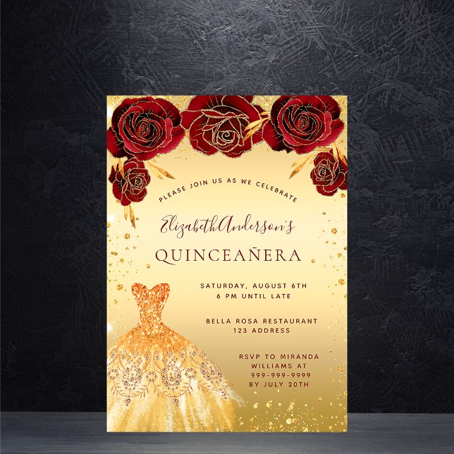 Invitation Quinceanera or rouge parties scintillant robe flor (Créateur téléchargé)