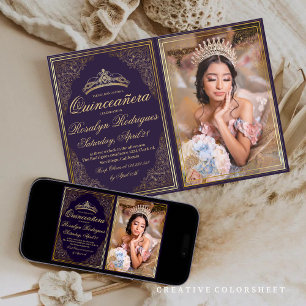 Invitation Quinceanera Or violet Ornate Princesse Tiara