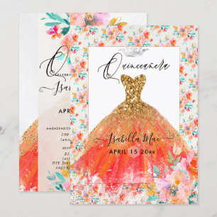 Invitation Quinceanera Orange Gown Aquarelle Fleurs