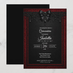 Invitation Quinceañera pailleté rouge gothique