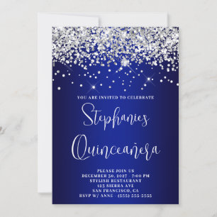 Invitation Quinceañera Paillettes Argent Bleu Royal Nuit Dégr