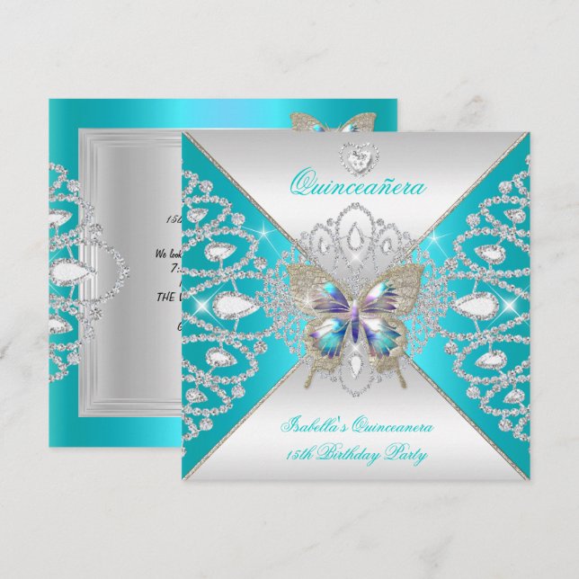 Invitation Quinceanera papillon 15ème Turquoise Silver Tiara  (Devant / Derrière)