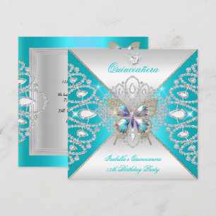 Invitation Quinceanera papillon 15ème Turquoise Silver Tiara 