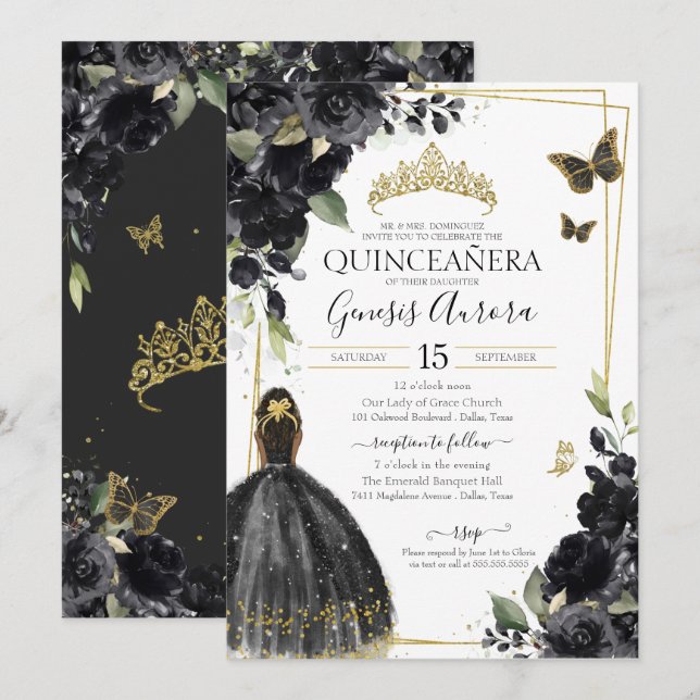 Invitation Quinceañera Papillon floral noir, Fille en robe (Devant / Derrière)