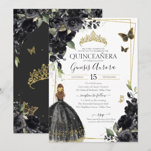 Invitation Quinceañera Papillon floral noir, Fille en robe (Devant / Derrière)
