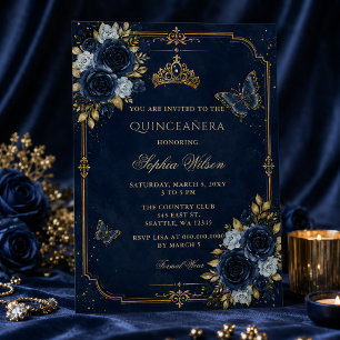 Invitation Quinceañera Papillon Floral Or Navy
