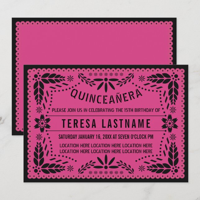 Invitation Quinceañera papillon noir rose (Devant / Derrière)