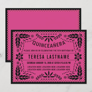 Invitation Quinceañera papillon noir rose