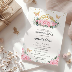 Invitation Quinceanera Papillons à couronne d'or rose Floral