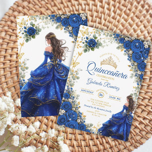 Invitation Quinceañera Papillons Dorés Bleu Royal