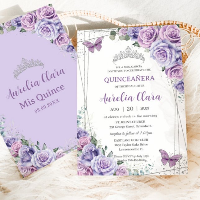 Invitation Quinceañera Papillons floraux pourpres Anniversair (Créateur téléchargé)