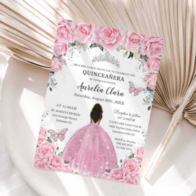 Invitation Quinceañera Papillons floraux rose Brown Princesse (Créateur téléchargé)