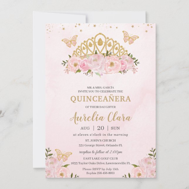Invitation Quinceañera Papillons floraux roses Princesse Cour (Devant)