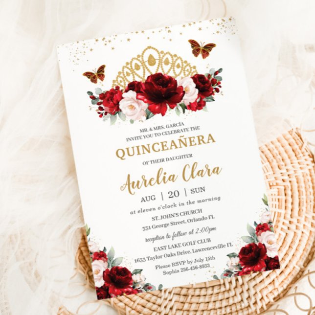 Invitation Quinceañera Papillons floraux rouges et bleus Tiar (Créateur téléchargé)