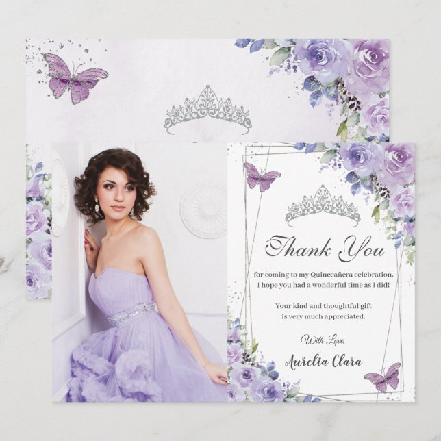 Invitation Quinceañera Papillons Floraux Violets 16 Merci (Devant / Derrière)