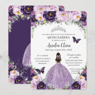 Invitation Quinceañera Papillons floraux violets Argent Tiara