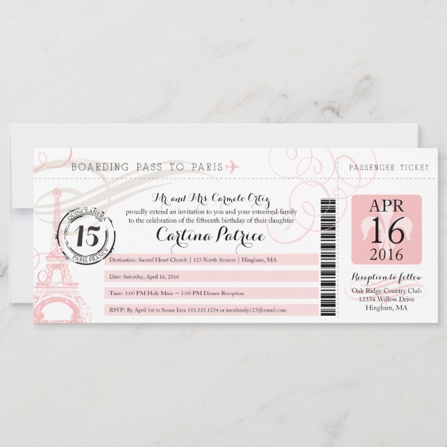 Invitation Quinceanera | Paris Embarquement Pass (Devant)