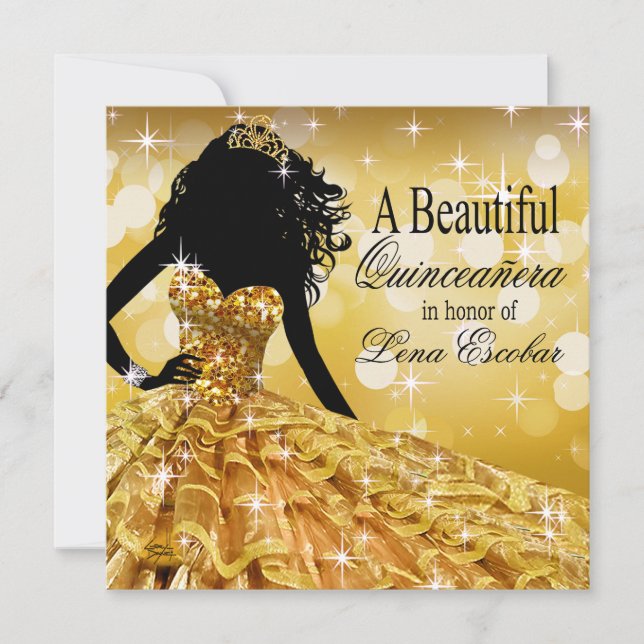 Invitation Quinceanera Parties scintillant Ball Gown | doré (Devant)