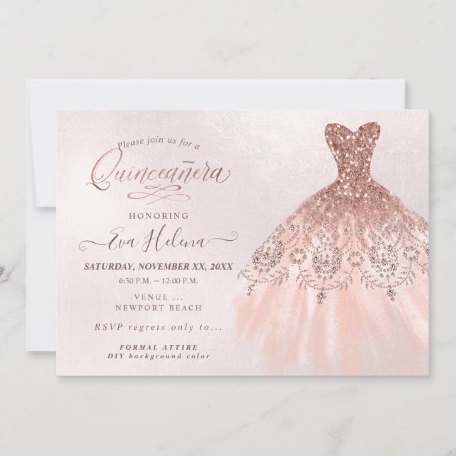 Invitation Quinceañera, Parties scintillant Gown, Faux Rose G (Devant)