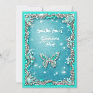 Invitation Quinceañera parties scintillant papillon turquoise