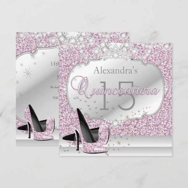 Invitation Quinceanera Parties scintillant rose glamour 15 fê (Devant / Derrière)