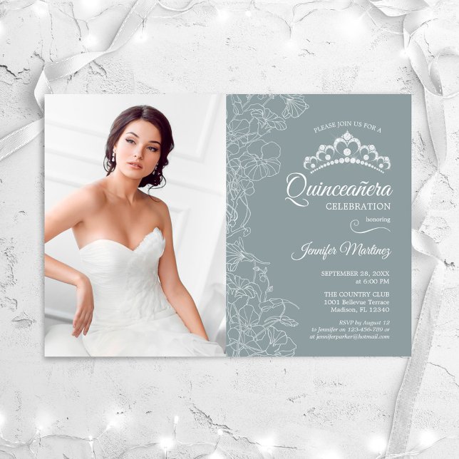 Invitation Quinceanera Party avec photo - Acier Bleu Floral (Créateur téléchargé)