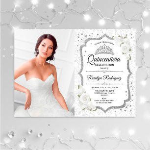 Invitation Quinceanera Party avec photo - Argent Blanc