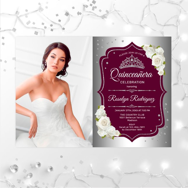 Invitation Quinceanera Party avec photo - Argent Bourgogne (Créateur téléchargé)