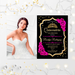 Invitation Quinceanera Party avec photo - Black Pink Gold