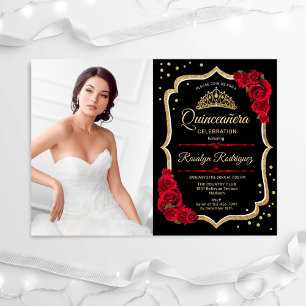 Invitation Quinceanera Party avec photo - Black Red Gold
