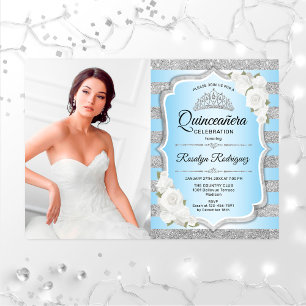 Invitation Quinceanera Party avec photo - Bleu Argent