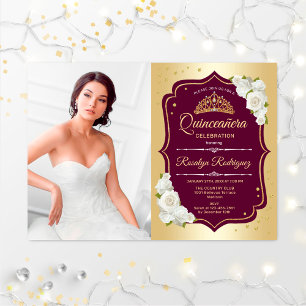 Invitation Quinceanera Party avec photo - Gold Burgundy