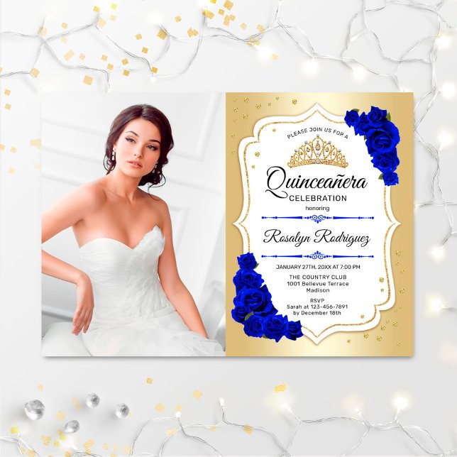 Invitation Quinceanera Party avec photo - Gold Royal Blue (Créateur téléchargé)