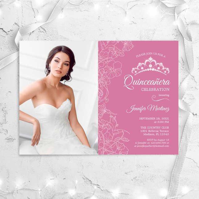 Invitation Quinceanera Party avec photo - Rose Blanc Floral (Créateur téléchargé)