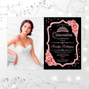 Invitation Quinceanera Party avec photo - Rose Gold Black