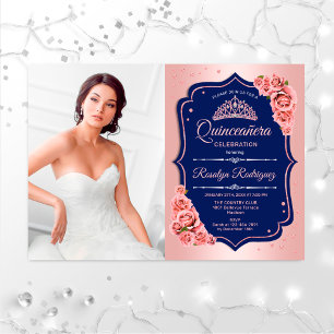 Invitation Quinceanera Party avec photo - Rose Gold Navy