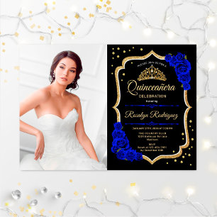 Invitation Quinceanera Party avec photo - Royal Blue Gold