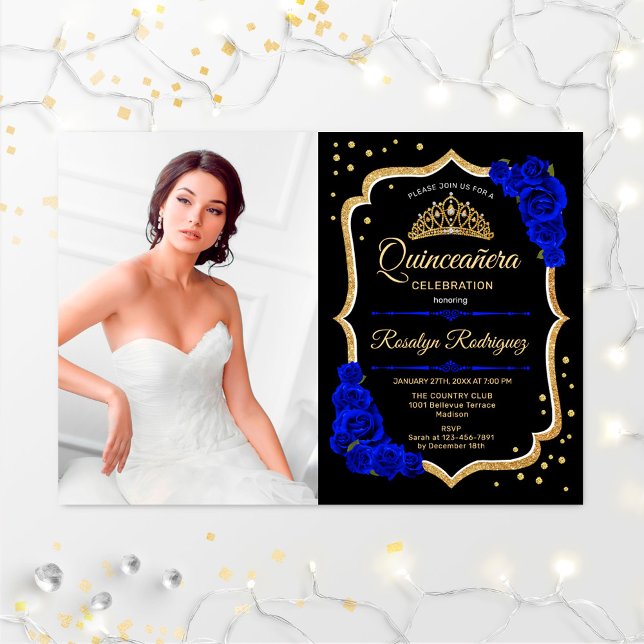 Invitation Quinceanera Party avec photo - Royal Blue Gold (Créateur téléchargé)