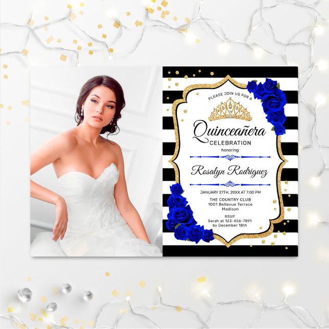 Invitation Quinceanera Party avec photo - Royal Blue Gold (Créateur téléchargé)