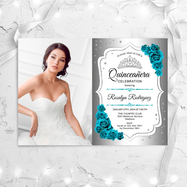 Invitation Quinceanera Party avec photo - Silver Turquoise Bl (Créateur téléchargé)